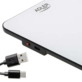 Adler AD 3177WB Küchenwaage Digital 10 kg, Elektronische Haushaltswaage mit Tara Funktion, USB-C aufladbar, Präzisionswaage zum Kochen und Backen, Glaswaage, Weiß