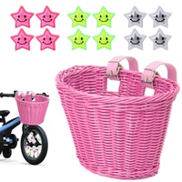 Kinder Fahrradkorb, Kinder Lenkerkorb, geflochtener Fahrradkorb für Kinder vorne, abnehmbarer Rattan-Fahrradkorb mit 12 Stück leuchtenden Sternen für Jungen und Mädchen (Pink)