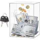 Klare Acryl Spardose Durchsichtig, Acryl Spendenbox Abschließbar Sparbox 15x12x20Cm Geldsparbox Sparschwein Durchsichtig, Sparbüchse Groß für Fundraising Abstimmung TIPP Sammlung