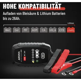 Absina Ladegerät für Motorradbatterie - Erhaltungsladegerät vollautomatisch für 6V & 12V Blei Batterie bis 26Ah / 12,8V Lithium