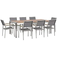 Beliani Gartenmöbel-Set, Hellbraun, Silber, Holz, 8-Sitzer Textilbespannung Grau Grosseto