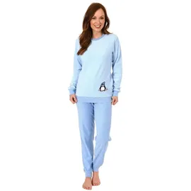 normann Damen Frottee Pyjama Langarm Schlafanzug mit Bündchen und süßem Pinguin Motiv - 201 13 564, Farbe:hellblau, Größe2:48/50 - 48-50