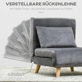 Homcom Schlafsessel, mit Bettfunktion, Lendenkissen, klappbarer Relaxsessel mit Verstellbarer Rückenlehne Liegestuhl in Samtoptik, für Wohnzimmer, Grau