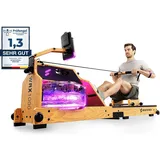 Sportstech Premium Wasser-Rudergerät mit LED-Wassertank, klappbar | App mit Workout Kursen+ Tablethalterung | Natur-Massivholz Rudermaschine Rower für zuhause WRX1000