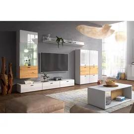 Feldmann-Wohnen Wohnwand, Weiß Hochglanz, Braun, Holzwerkstoff, 11 Fächer, 1 Schubladen, Rechteckig, 300x144x60 cm, Wohnzimmer, Wohnwände, Anbauwände