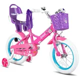 STITCH 14 Zoll Kinderfahrrad mit Stützrädern, Puppenfahrradsitz, Luftschlangen, Korb, Klingel, DIY-Aufklebern, Schutzblechen, für Mädchen,Lila - Lila