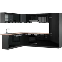 Vicco Eckküche, Schwarz Hochglanz, Anthrazit, Holzwerkstoff, L-Form,Formgebogen, 287x81.6x60 cm, Küchen, Eckküchen, Eckküchen ohne Geräte