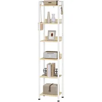 WOLTU Lagerregal mit 6 Ebenen, Küchenregal mit 4 Haken, Bücherregal im Industriestil, Standregal im Wohnzimmer Küche, schmales Leiterregal, Weiß+hell Eiche, 40x30x187cm