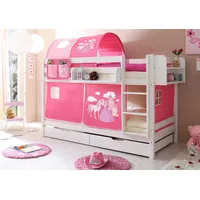 TICAA Etagenbett Marcel 90 x 200 cm inkl. Textil-Set Kiefer massiv weiß horse/pink