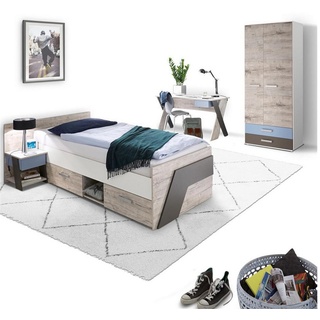 Lomadox Jugendzimmer Set mit 90x200 cm bett 4-teilig mit Kleiderschrank LEEDS-10 in Sandeiche Nb. weiß Lava und Denim Blau