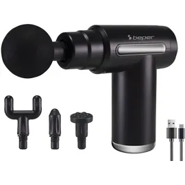 Beper P302MAS002 Perkussionsmassagegerät, 30W, wiederaufladbare Massagepistole, 4 austauschbare Köpfe. 6 Intensitätsstufen, Schwarz