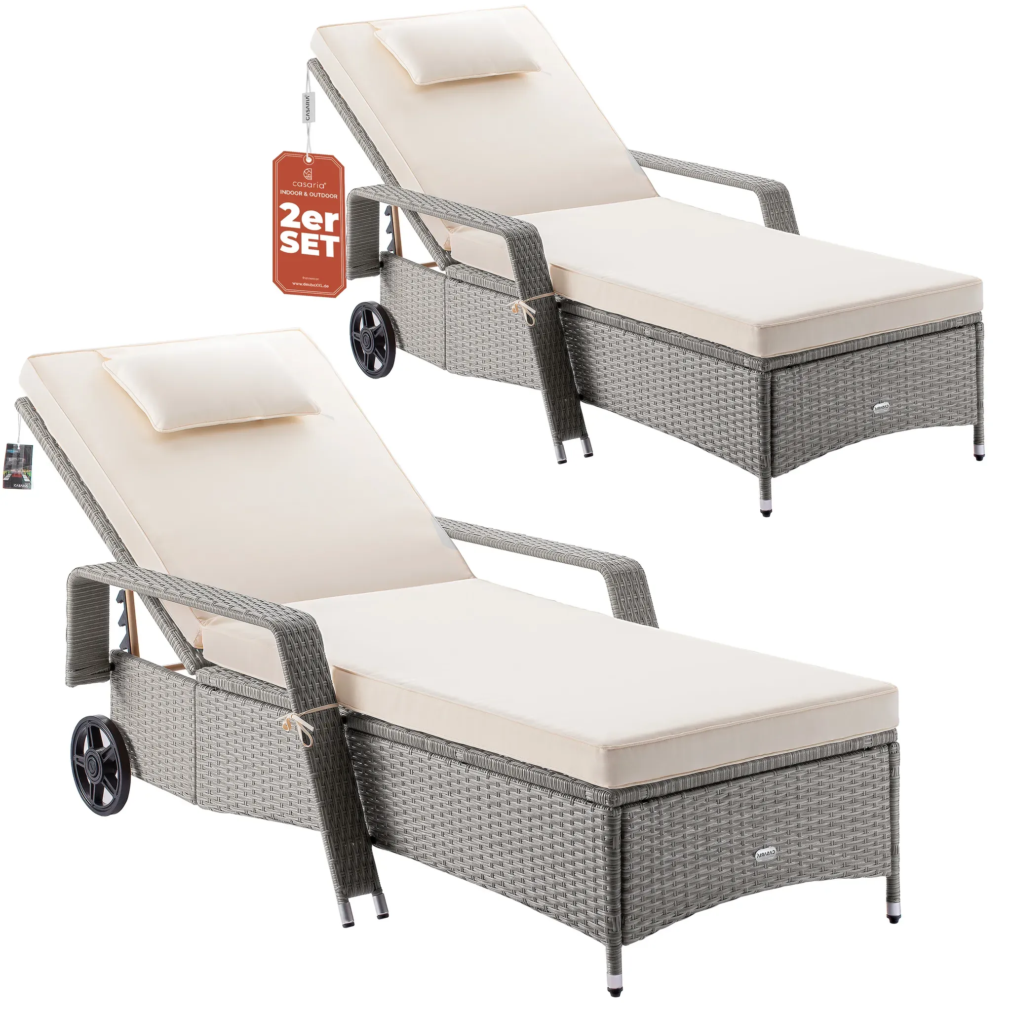 Polyrattan sun lounger set of 2 cream/cream 193x90x43cm