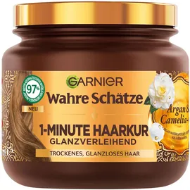 Garnier Wahre Schätze Glanzverleihende 1-Minute Haarkur für trockenes und glanzloses Haar, Mit Arganöl und Cameliaöl für Glanz und Geschmeidigkeit, Vegane Formel, 1 x 340 ml