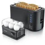 Arendo - Set Toaster FRUKOST mit Eierkocher SIXCOOK Edelstahl Schwarz, Toaster 4 Scheiben, LED-Display, 6 Bräunungsgrade, Brötchenhalter - Eierkocher