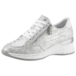 Sneaker RIEKER, Damen, Gr. 38, silber (silberfarben, metallic), Lederimitat, metallic, sportlich, Schuhe Sneaker, mit Lettern bedruckt, Freizeitschuh, Halbschuh, Schnürschuh