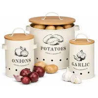3er Set Vorratsdosen aus Metall mit Bambus Deckel für Knoblauch, Zwiebel und Kartoffel Kartoffeltopf Zwiebeltopf Knoblauchtopf Vorratsbehälter - Creme