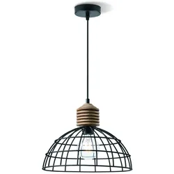 Pendelleuchte VINTO schwarz - Draht und Holz - E27 - 30cm Durchmesser - 1m Kabel