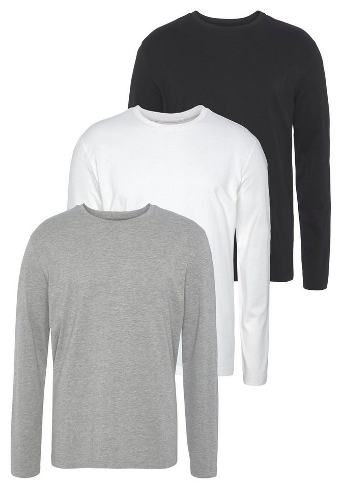 Man's World Langarmshirt (Packung, 3-tlg., 3er-Pack) aus reiner Baumwolle grau|schwarz 56/58 (XL)