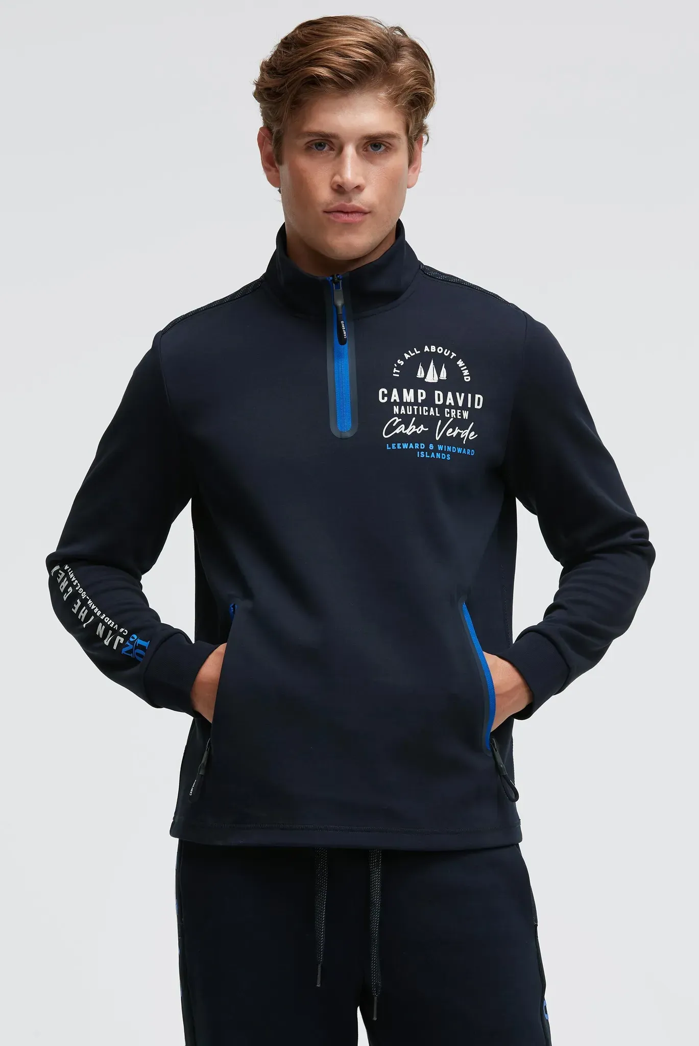 Sweater CAMP DAVID, Herren, Gr. XL, blau, Jersey, Material: 70% Baumwolle, 30% Polyester, bedruckt, regular fit normal, hoch geschlossener Ausschnitt, eingesetzt Rippbündchen, Sweatshirts Sweater, mit Reißverschluss-Taschen