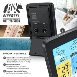Bearware Wetterstation Funk mit Farbdisplay und Außensensor - DST - Temperaturwarnung Alarm Frostalarm