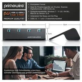 Primewire USB 3.2 Gen2 Hub, 4 Port Aktiver Verteiler mit Netzteil, 10 Gbit/s