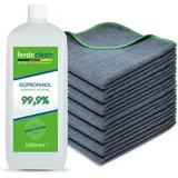 ferdoclean® 1000ml Isopropanol 99,9% + 12 x Mikrofasertücher (40 x 40 cm) 380 GSM | Lösungsmittel 1l IPA Alkohol Reiniger für Haushalt, Auto & mehr | Fettentferner Reinigungsmittel | Microfasertuch