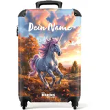 NoBoringSuitcases.com Kinderkoffer, Koffer Personalisiert, Kinderkoffer Mädchen, Koffer Kinder, Kinder Reisekoffer, Handgepäckkoffer, Rollkoffer, Handgepäck Trolley 55x40x20 cm (Weißes Einhorn - Gold)