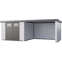Telluria Metallgerätehaus Classico 3030 mit Lounge Anbau weiß/weiß Lounge-Anbau rechts