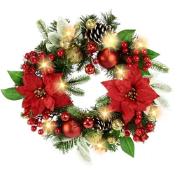 I.GE.A. Kunstkranz »Adventskranz Poinsettia mit LED Lichterkette«, Beeren Kugeln Weihnachtsstern Zapfen Zweige Weihnachtskranz Türkranz I.GE.A. rot/gold