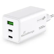 MediaRange 100W GaN Schnellladeadapter (EU-Stecker), 2x USB-C und 1x USB-A, unterstützt USB-C® Power Delivery und Quick ChargeTM, Weiß