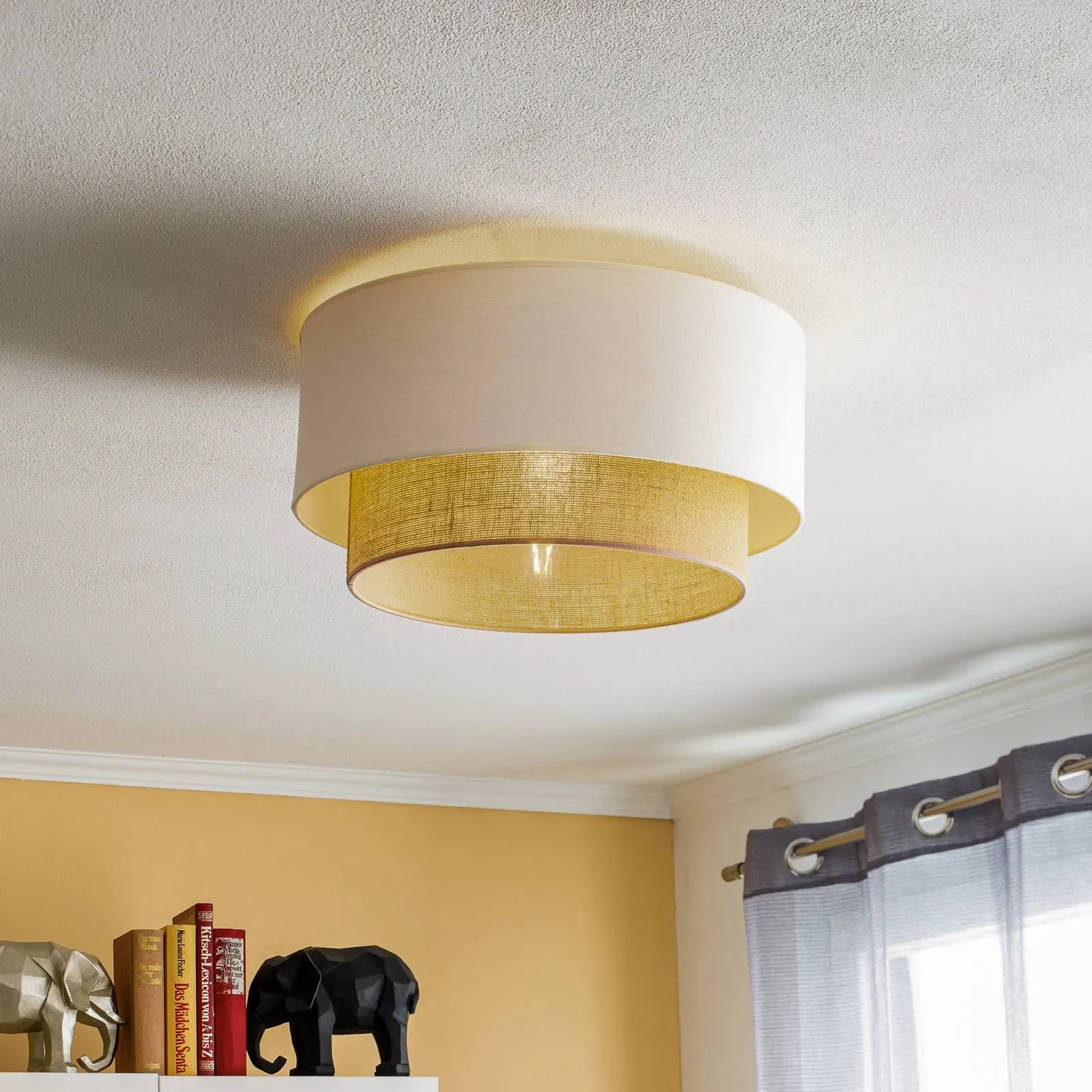 Deckenlampe Boho Duolla, dimmbar, creme / amber, für Schlafzimmer, Textil / Stoff / Seide, Deckenlampe - 45 cm - 45 cm - 22 cm