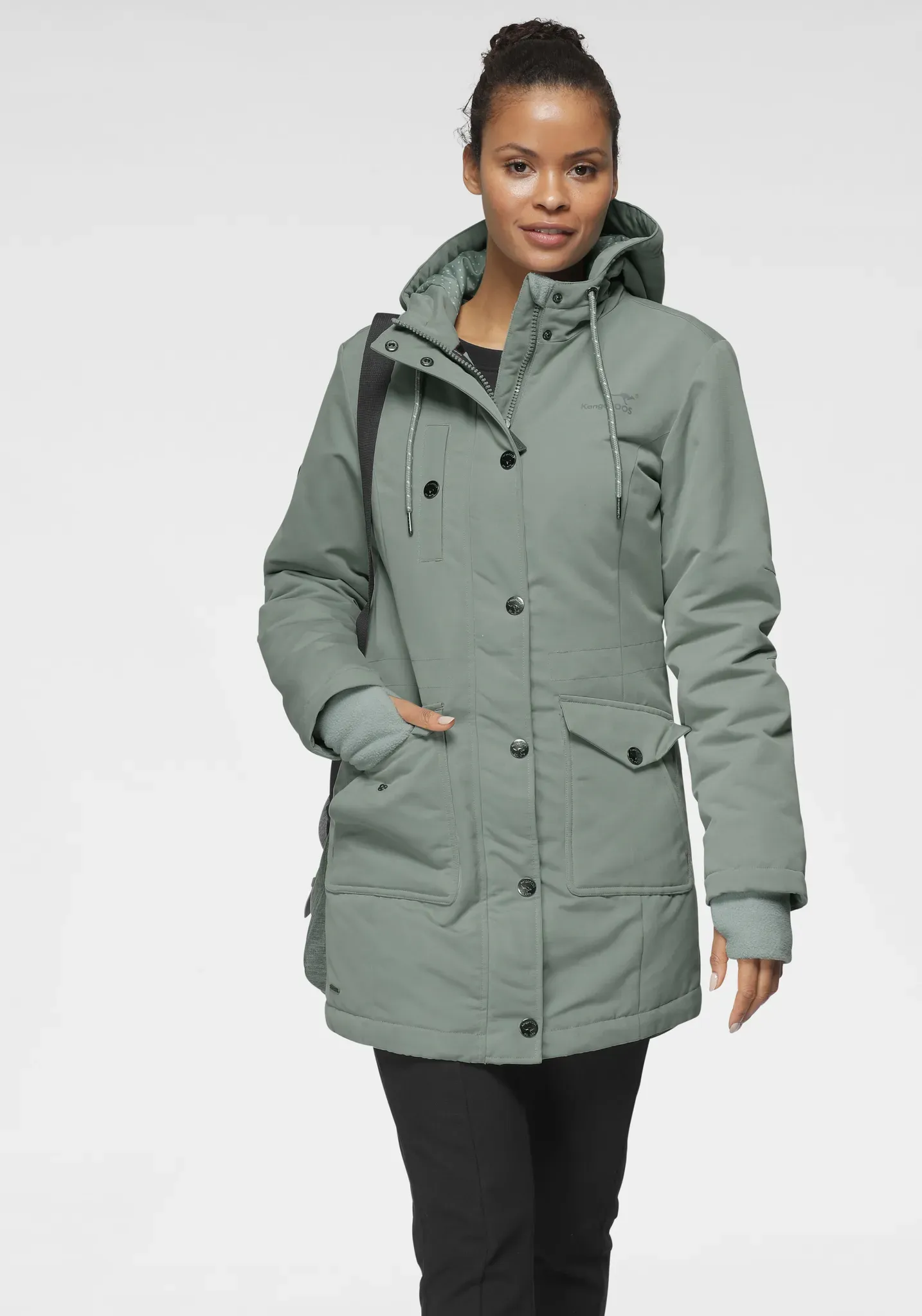 Langjacke KANGAROOS, Damen, Gr. 44, grün (mint, grau), Web, Obermaterial: 100% Polyester. Futter: 100% Polyester. Wattierung: 100% Polyester, gepunktet, kontrastfarbene Details, unifarben mit Farbeinsatz, figurumspielend Po-bedeckend, Jacken Langjacke, mit 2-Wege-Reißverschluss