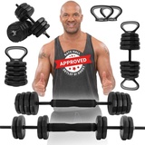 Miweba Sports Hantel-Set verstellbares 6in1 Hantel Set - 25 kg, (Liegestützgriffe - Kurzhanteln - Langhantel - Kettlebell - Multifunktionshantel - Krafttraining - Muskelaufbau - Workout - Training - Kurzhantelset - Hantel komplett Set, Sternverschluss, Anti-Rutsch-Griff, Stahl, 6 Hantel Konstellationen), Fitness Sport Hantel Set Hantelscheiben Fitnesshanteln Gewichte grau|schwarz