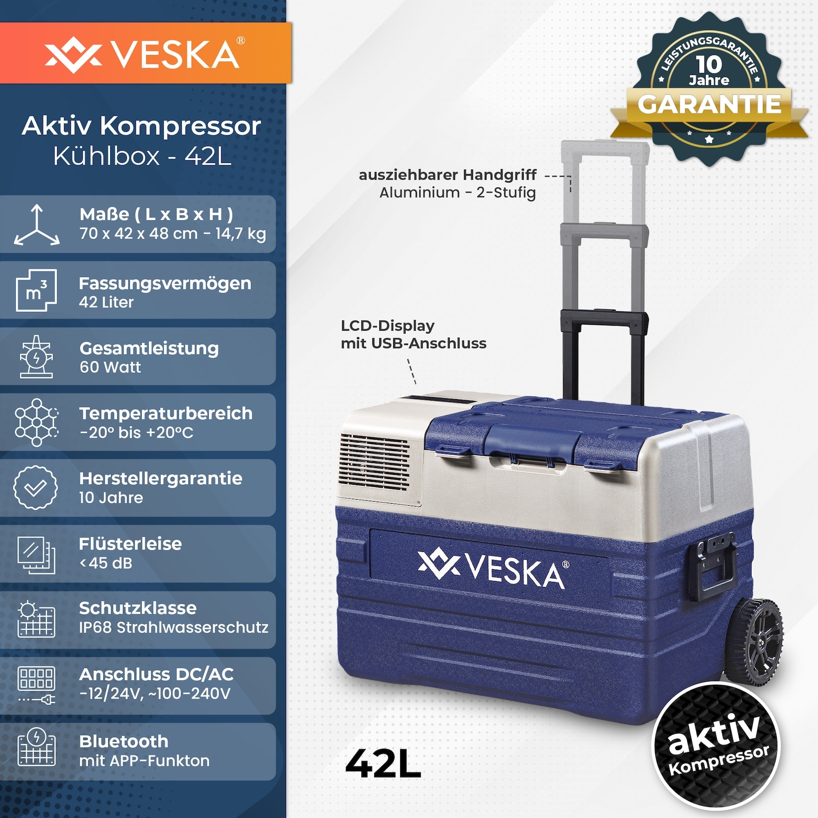 VESKA Kompressor Kühlbox elektrisch, Gefriertruhe mit APP-Steuerung - 42l blau