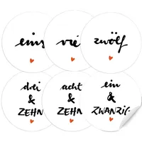 24 Adventskalenderzahlen für Erwachsene, runde Zahlen Etiketten MATT zum Adventskalender Basteln, Weiß Schwarz, selbstklebend, 40 mm, Tusche Kalligrafie Handlettering Design schlicht, Männer