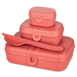 Koziol Lunchbos Set PASCAL READY inkl. Besteck, 4-teilig, Ideale Brotdosen für den Alltag im Büro oder in der Schule, 1 Set, Farbe: koralle