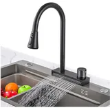 SWHC Wasserfall Wasserhahn Küche Ausziehbar, Wasserfall-küchenarmatur Mit Brause Ausziehbar, Armatur Küche, Drei-Wasser-Sprühmodus-Wasserhahn, Spültischarmatur Küche, Küchen Wasserhahn