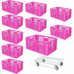 BRB 10 Euroboxen, 600x400x320 mm, lebensmittelecht, pink + Transportroller
