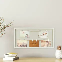 Relaxdays Bilderrahmen mit Wäscheleine, 10 Klammern, für Fotos, Post-& Konzertkarten, Fotoboard zum Aufhängen, weiß/grau