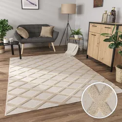 Teppich PACO HOME "Utrecht 642", beige, B:230cm H:4mm L:340cm, Polyester, Teppiche, Kurzflor, Uni Farben, 3D-Design, Rauten Muster, Hoch-Tief Effekt