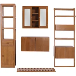 Mendler Teak-Badezimmer-Set HWC-M86, Waschtisch Regal Leiterregal Wandspiegel Badematte, hochwertiges B-Grade-Teak