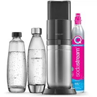 Sodastream Duo schwarz + Glaskaraffe + PET-Flasche Edelstahl Finish + Zylinder