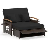 COSTWAY 3in1 Polyrattan Lounge Möbel Set, Gartenmöbel Doppelliege Gartensofa, Sofa 2 Sitzer mit Hocker, verstellbarer Rückenlehne & Stauraum, Sc... - Schwarz/Braun