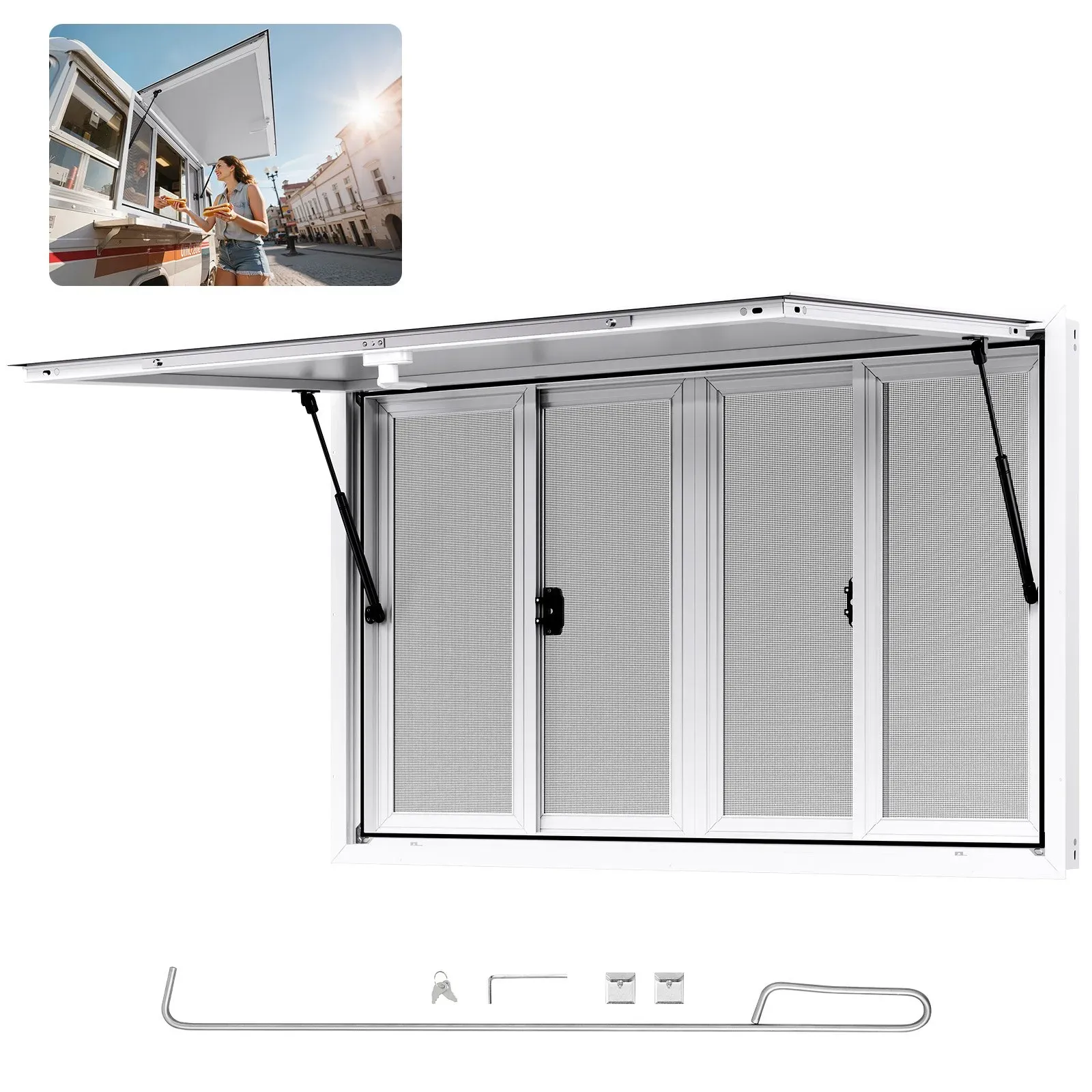 VEVOR Imbissfenster (1346 x 838 mm Einbaumaß) schwenkbar, Imbissanhänger-Servierfenster mit 85°-Öffnungswinkel & 4 Schiebefenstern, Konzessionsfenster für Konzessionsstände Imbisswagen