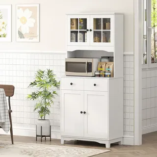 HOMCOM Küchenschrank Hochschrank mit Mikrowellenregal 2 Schränken für Wohnzimmer