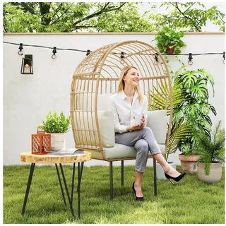 Outsunny Rattansessel Ei-Förmig mit abnehmbarem Kissen, Polster, übergroße Outdoor Sessel aus Rattan, Wetterfest Korbsessel Gartensessel Gartenstühle für Garten Balkon, Veranda, Terrasse Beige