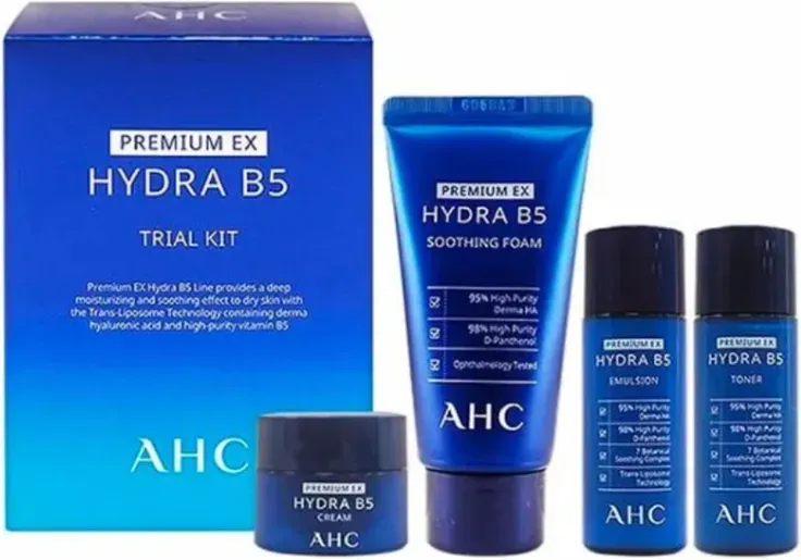 AHC Premium EX Hydra B5 Probier-Set (Toner 20 ml + Emulsion 20 ml + Creme 7 ml + beruhigender Gesichtsschaum 30 ml)