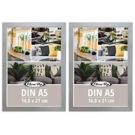 Close Up Bilderrahmen 2er Set DIN A5 (14,8 x 21 cm) | Holzdekor Silber mit Rückwand und Aufsteller | PVC-Scheibe (unzerbrechlich) Profilbreite 15 mm