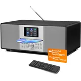 MangoKit MS4 CD Player DAB Radio HiFi System I Bluetooth I Stereoanlage Kompaktanlage I Akustisches Holzgehäuse I CD Player mit Lautsprechern 100WI 40 Presets,Kopfhöreranschluss I Metallisch Schwarz