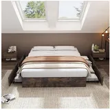 Ulife Metallbett ohne Kopfteil, Flachbett, Stauraumbett, Eisenbett mit 4 Schubladen (Ohne Matratze), ideal für Loft-Räume, Kinderzimmer und Gästezimmer, 140 x 200 cm braun